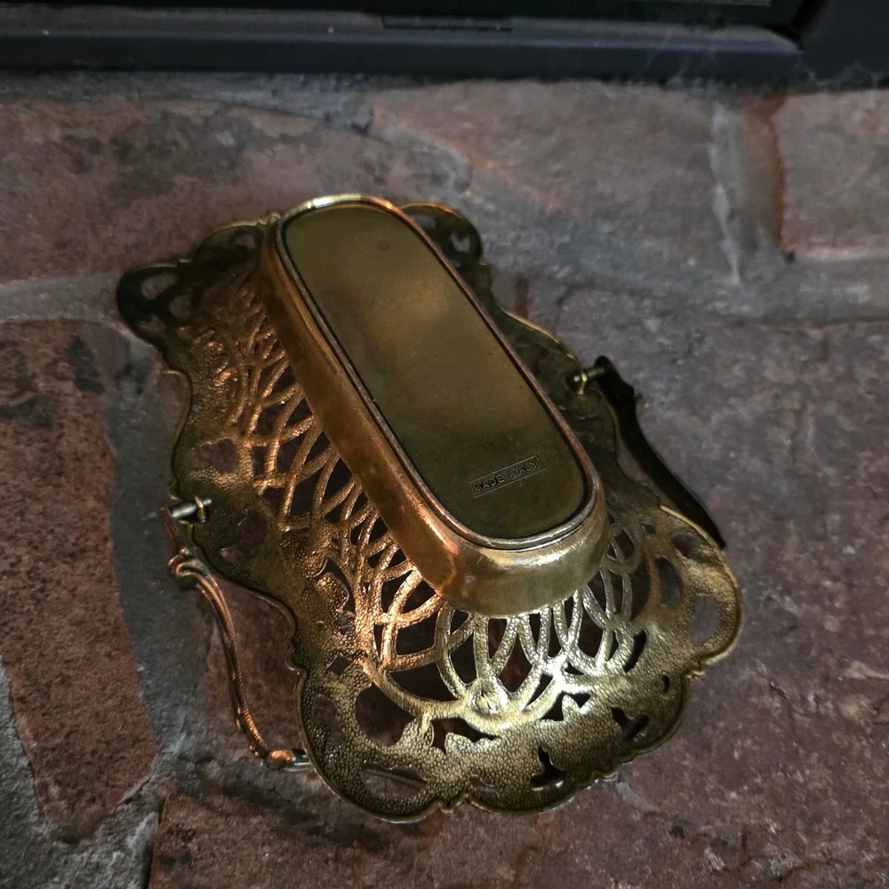 Vintage Italian Brass Bridal Bread Basket Vanity Tray 1950s Pierced Gold tone